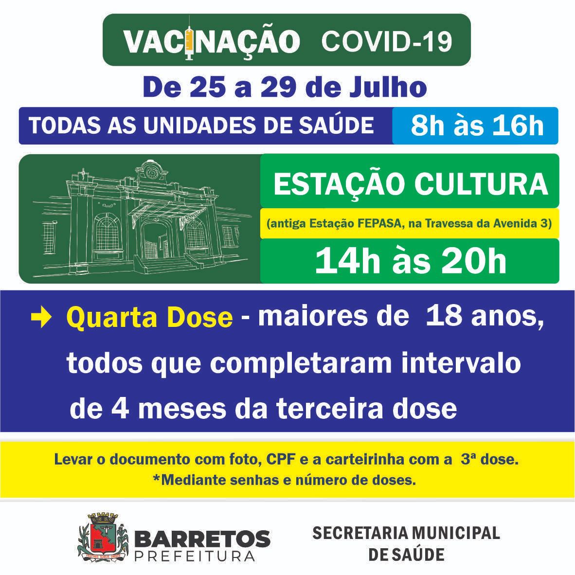 Imagem JPG, Estância Turística de Barretos vacina população acima dos 18 anos com a quarta dose e realiza ação na Estação Cultura em horário estendido