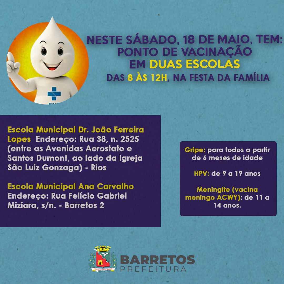Imagem JPG, Escolas serão ponto de vacinação neste sábado, nos bairros Barretos 2 e Rios