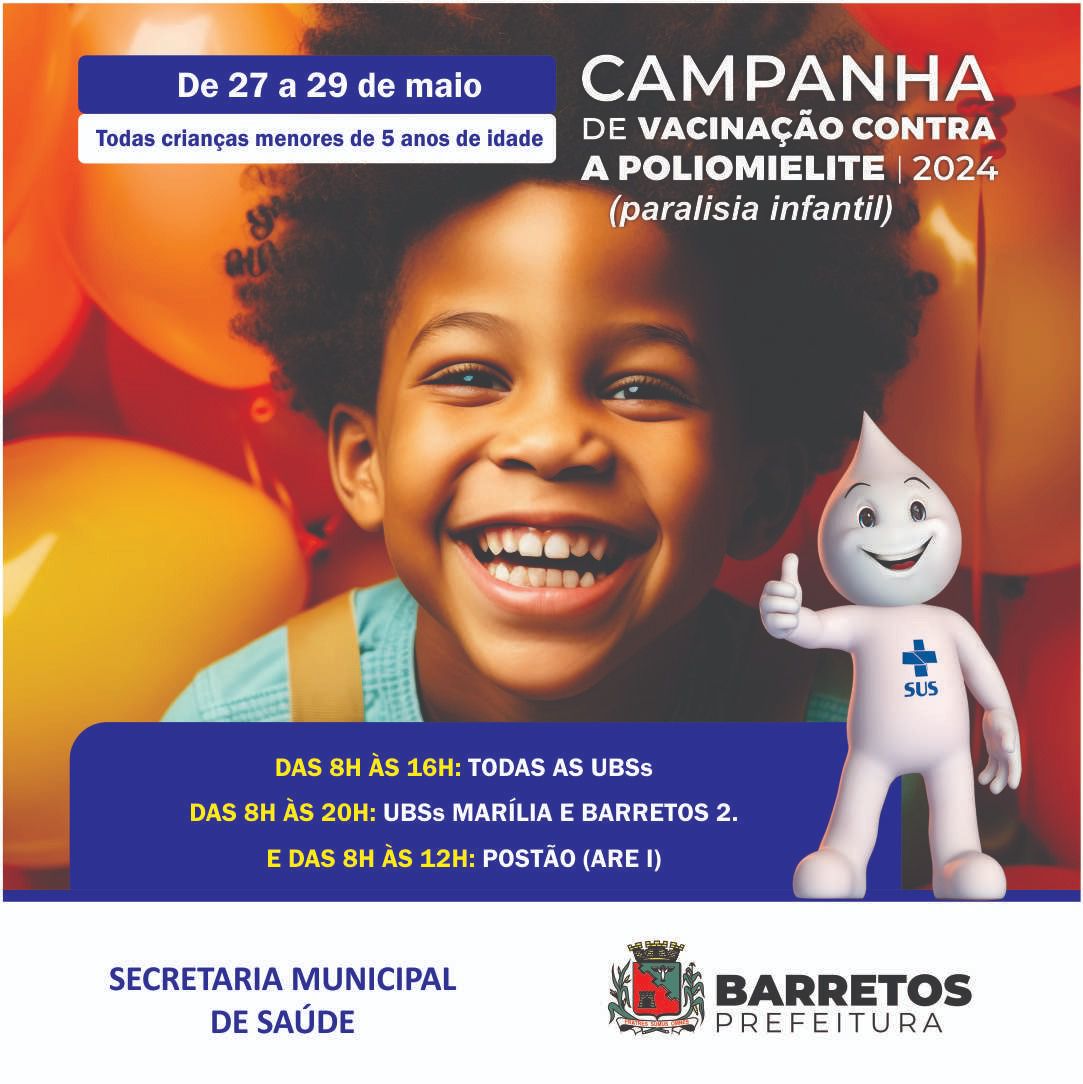 Imagem JPG, Crianças menores de cinco anos devem ser vacinadas contra a poliomielite até 14 de junho