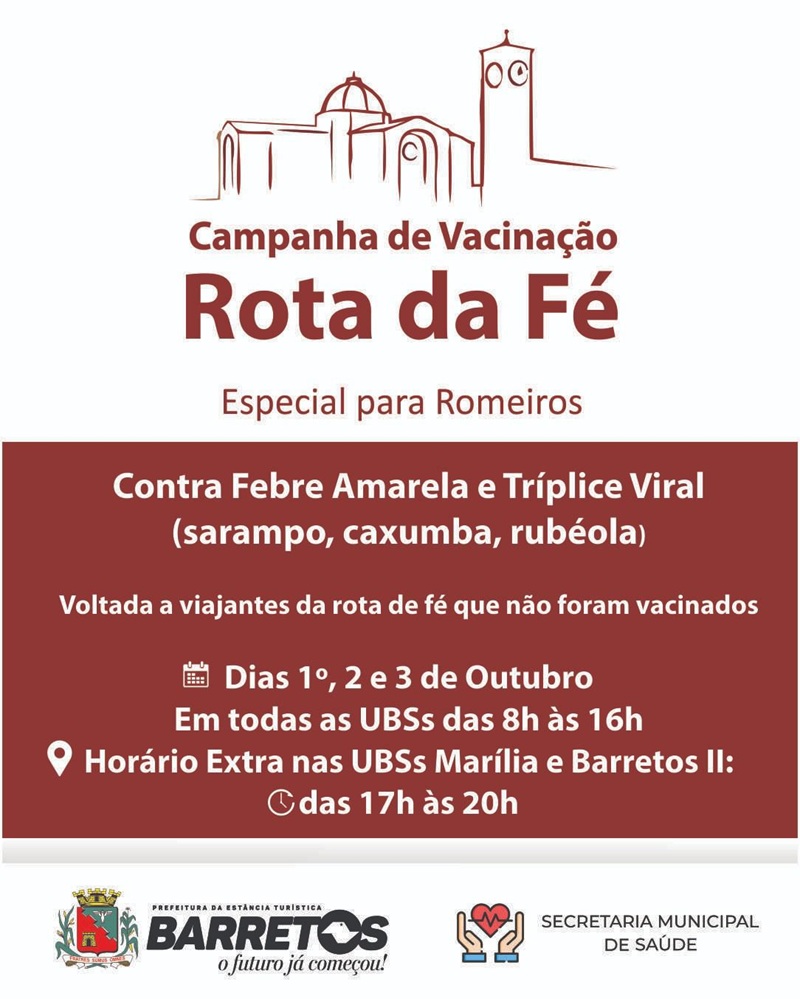 Imagem JPG, Unidades de saúde de Barretos realizam campanha de vacinação para pessoas que farão a Rota da Fé