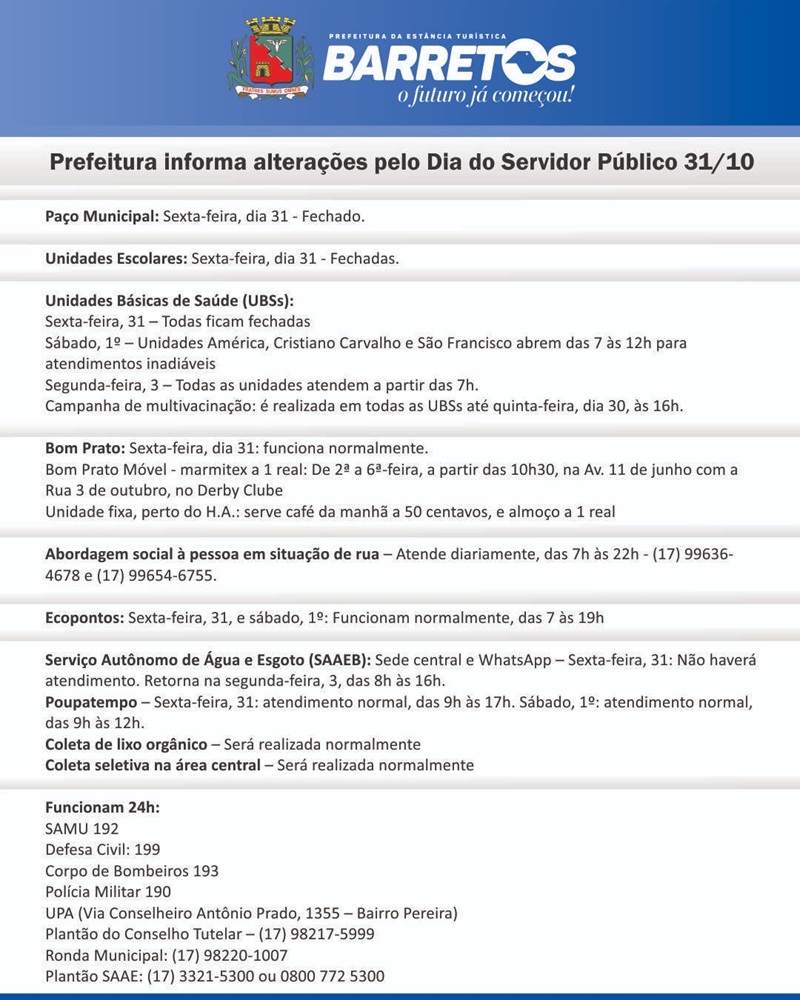 Imagem JPG, Ponto facultativo alterará funcionamento de serviços municipais na sexta-feira, dia 31