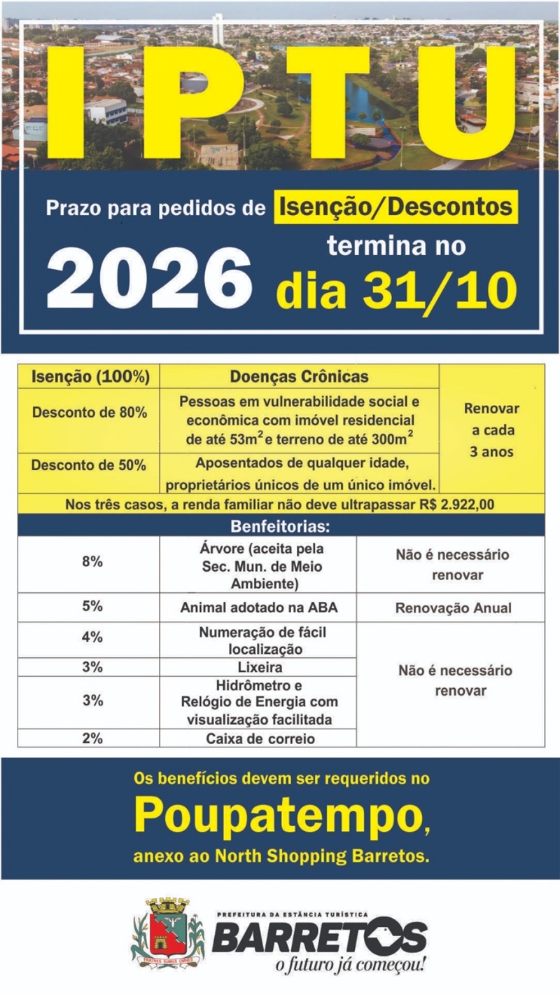 Imagem JPG, Últimos dias para solicitar isenção ou desconto no IPTU 2026