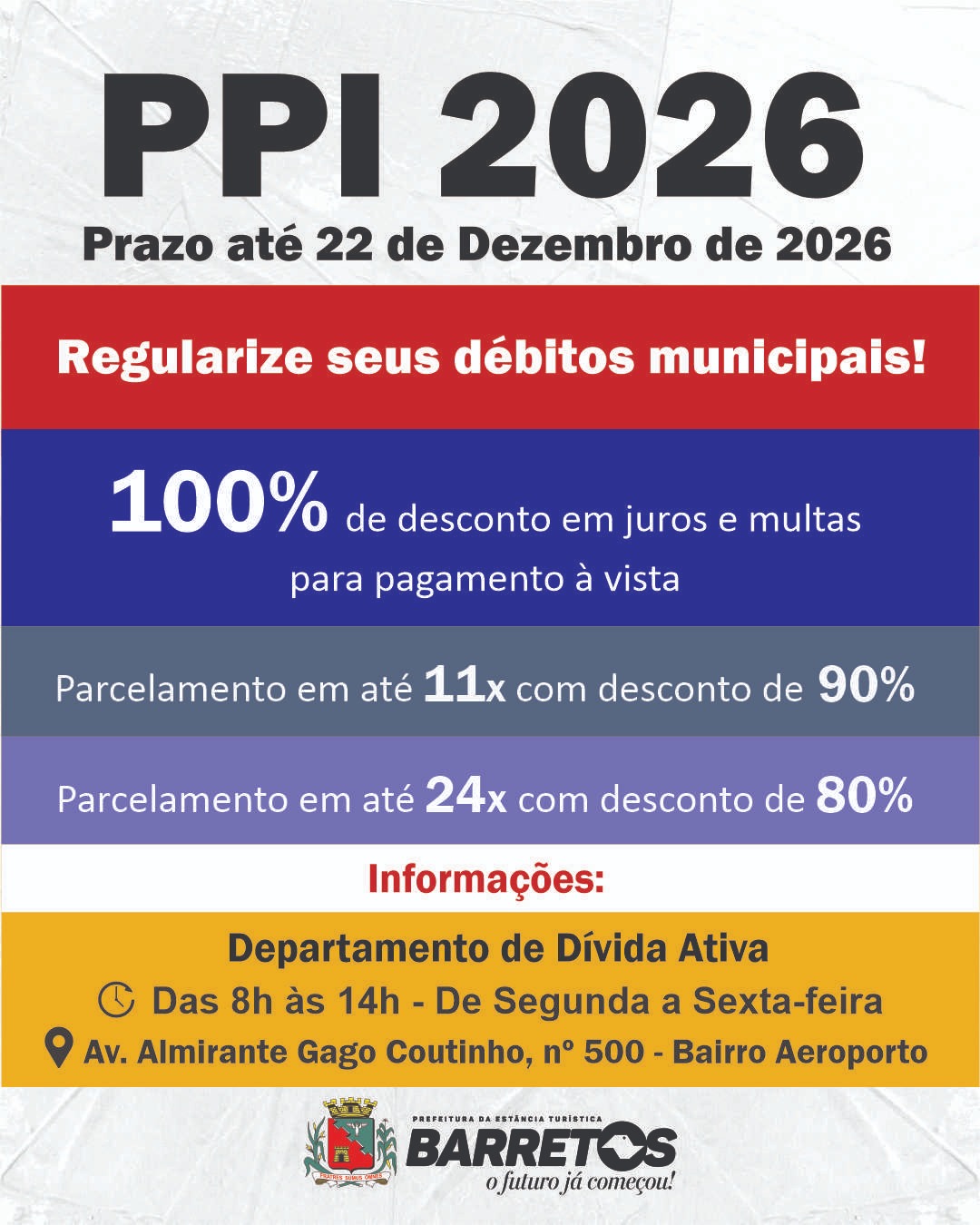 Imagem JPG, População já pode aderir ao Programa de Parcelamento Incentivado 2026 e regularizar débitos com a Prefeitura com descontos de até 100% em juros e mult