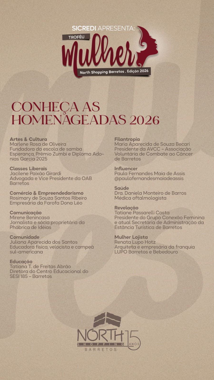 Imagem JPG, Troféu Mulher North Shopping Barretos 2026 anuncia 11 homenageadas