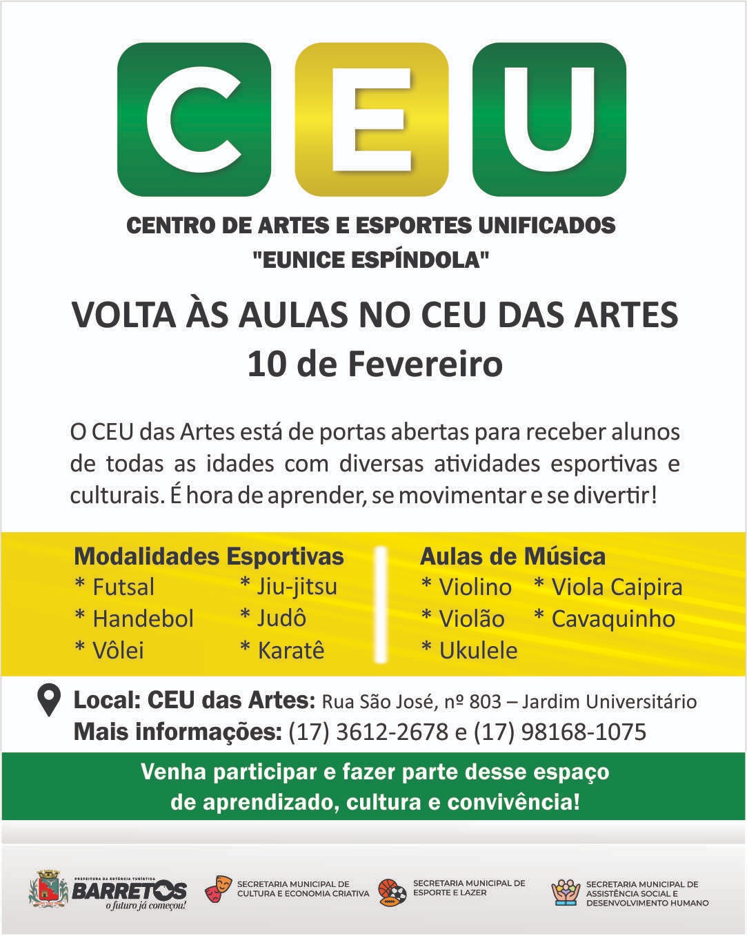 Imagem JPG, Matrículas para atividades no CEU das Artes começam no dia 10