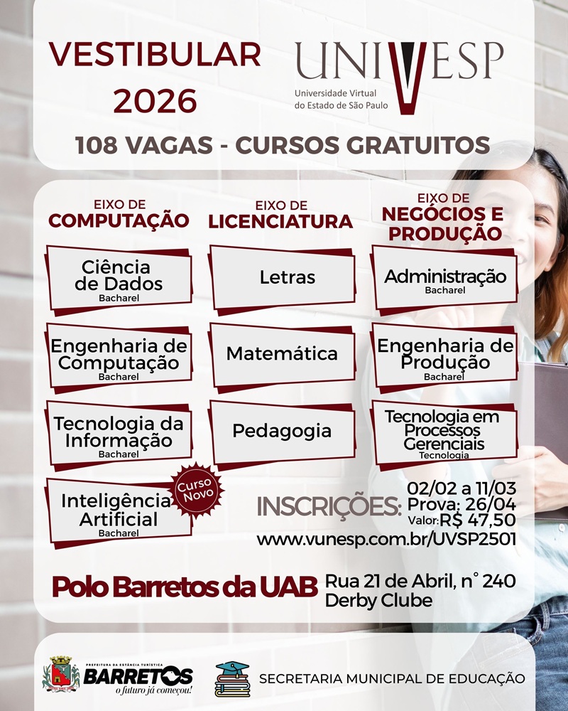 Imagem JPG, Vestibular 2026 da Univesp oferece 108 vagas gratuitas de ensino superior em Barretos