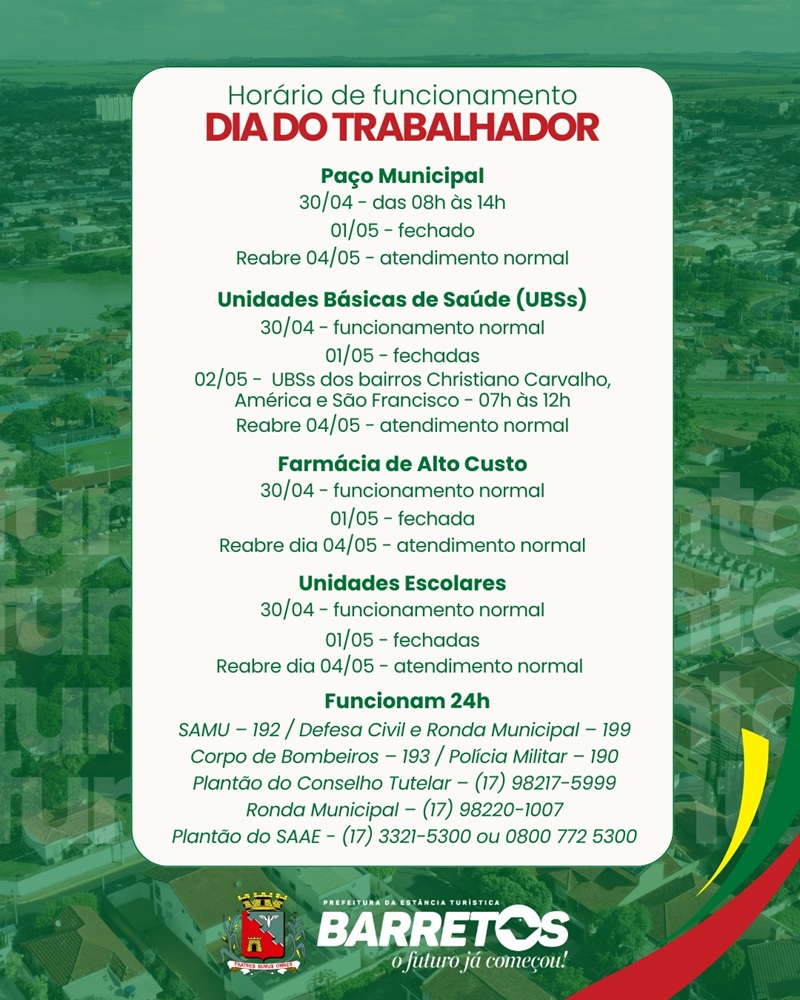 Prefeitura de Barretos informa sobre o funcionamento dos serviços no feriado do Dia do Trabalhador