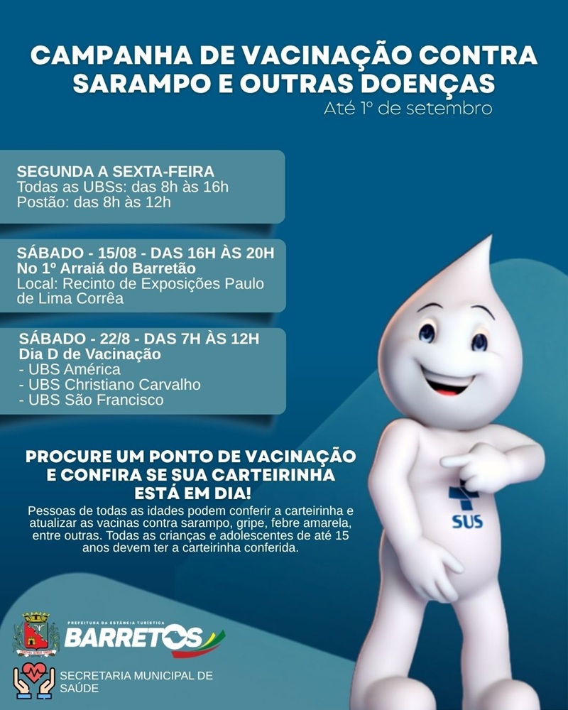 Vacinação contra sarampo, gripe e outras doenças será realizada neste sábado, dia 15, no 1º Arraiá do Barretão